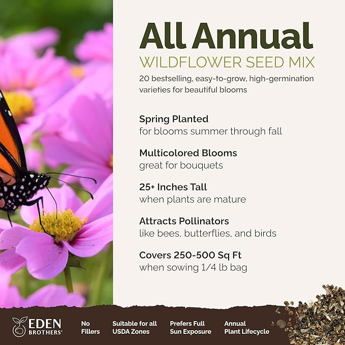 Eden Brothers Annual & Perennial Wildflower Seed Bundle for Planting – 39 Non-GMO, Pollinator Friendly Flower Seed Varieties – Plant in Spring, Zones 3, 4, 5, 6, 7, 8, 9, 10
