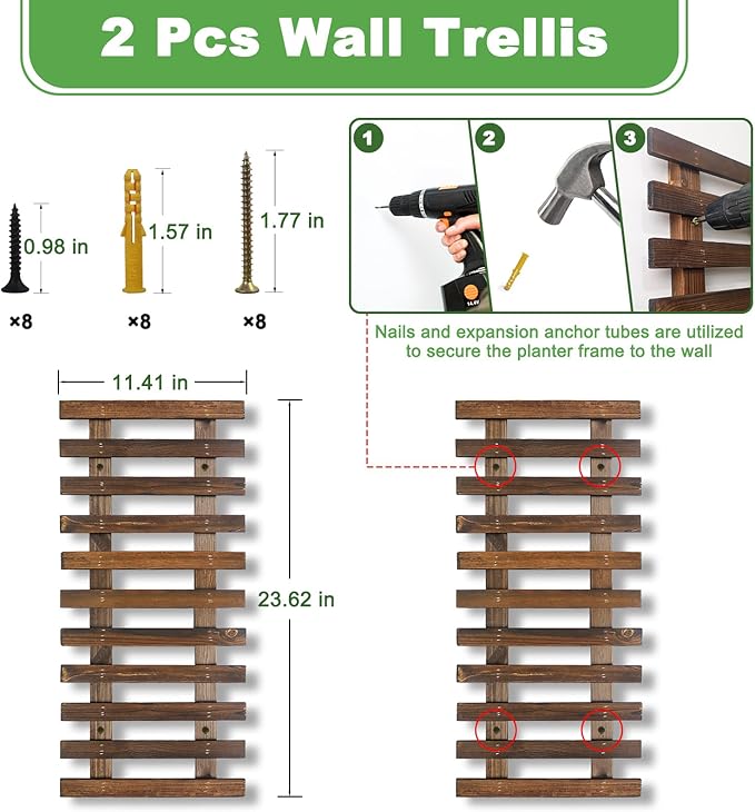 Mulctun 2 Pcs Wall Planters - 11.4"W x 23.62"H Wooden Wall Planters for Indoor Outdoor Plants,Hanging Wood Wall Trellis,Wall Mounted Plant Holder for Orchids,Succulent,Air Plants,Hanging Pots Display