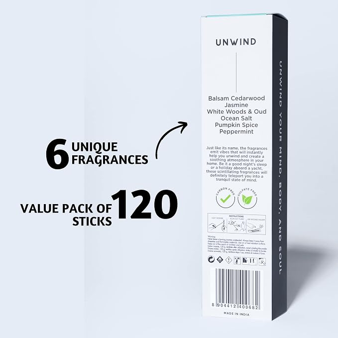 Folkulture Incense Sticks (120 Sticks) | Set of 6 Premium Incense for Relaxation, Aromatherapy, Gifts | No Charcoal,Organic, Non Toxic, 45 Mins, Long Burning Oud, Jasmine, Peppermint Insence-Sticks