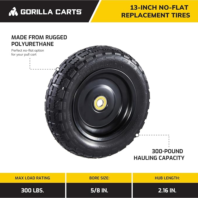 Gorilla Carts 2-Pack 13 Inch No-Flat Replacement Tires, 300 lb Capacity Each – Solid Polyurethane, 2.16” Hub, 5/8” Bore – Fits Lawn & Garden Utility Wagon, Hand Truck, Air Compressor, Pressure Washer