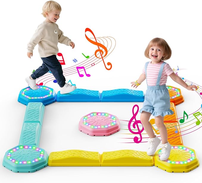 Holyton Balance Beam and Stepping Stones for Kids – 13PCS Light Up & Musical Toddler Balance Beam Obstacle Course, Non-Slip Sensory Toys for Toddlers 3-8, Indoor Outdoor Play, Gift for Boys Girls
