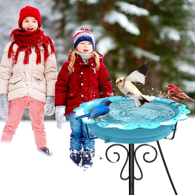 Heated Bird Bath for Outside Winter, Powerful 100W Thermostat Control Heated Bird Baths for Outdoors with 5-Prong Metal Stake, Heated Birdbath Water Heater for Garden Yard Patio Lawn (Blue)