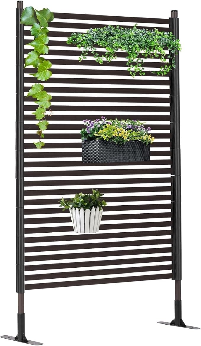 FOLLOOK Outdoor Privacy Screens Freestanding, 36" W x 71" H Overall Poly-Coating Steel Pipes and Slats, Rustproof Brown Metal Decorative Fence Panels for Outside Backyard Garden Patio Privacy Screen