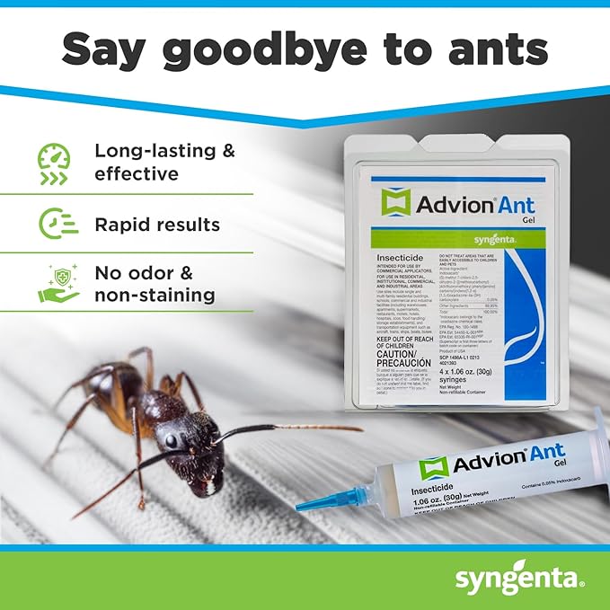 Advion Ant Gel Bait, 4 Tubes x 30-Grams, 4 Plungers and 4 Tips, Effective Bait, Formulated with 0.05% Indoxacarb, Indoor and Outdoor Use, Killer Gel for Control of Most Major Ant Species