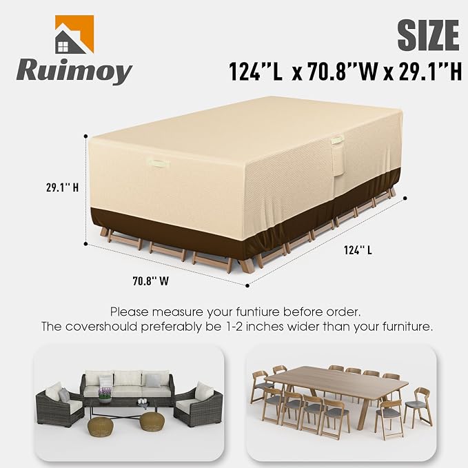 Patio Furniture Covers, Outdoor Furniture Cover Waterproof, General Purpose, Outside Table and Chair Covers, Heavy Duty 600D (124 Inch L x 70.8 Inch W x 29.1 Inch H)-Brown