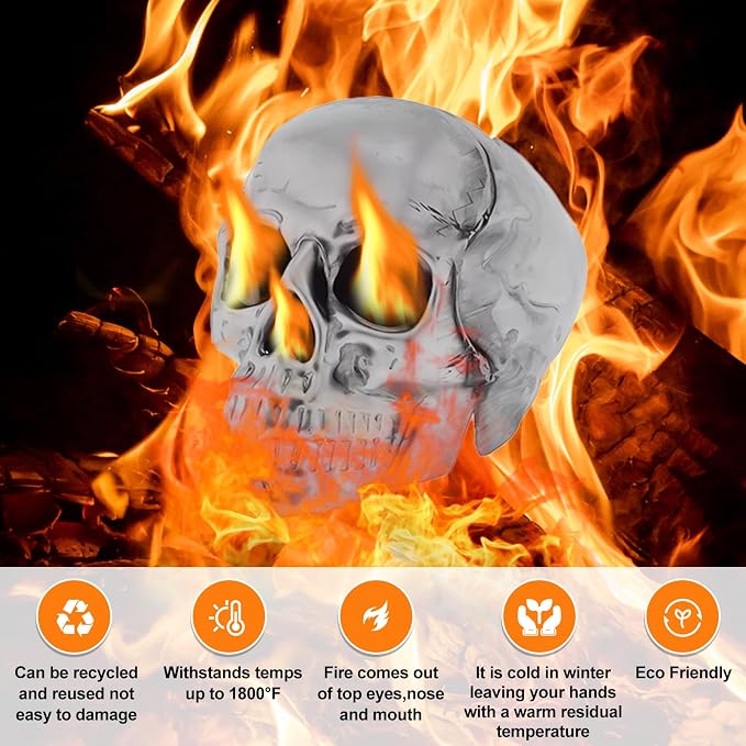 Imitated Human Skull Gas Log for Indoor or Outdoor Fireplaces, Made of Metal, Durable for More Than 10 Years，Fire Pits Halloween Decor Skull Charcoal (Fireproof)(Refractory) (2)