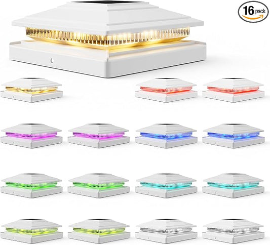 16Pack Solar Post Cap Lights - 8 RGB Color Changing Modes & Multicolor Flow, IP65 Waterproof - for 4x4/6x6 Wood & 4x4/5x5 Vinyl Fence Posts - Outdoor Deck, Patio, Garden Lights (White)