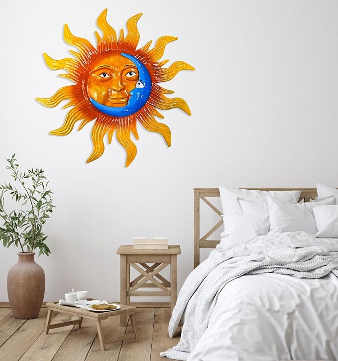 25.7'' Large Size Metal Sun Outdoor Wall Art Decor, Sun&Moon Outside Metal Art Rust Proof Wall Sculpture, Ideal for for Yard, Bedroom, Patio, Garden, Fence, Deck Pool Home and Farmhouse (Large sun)
