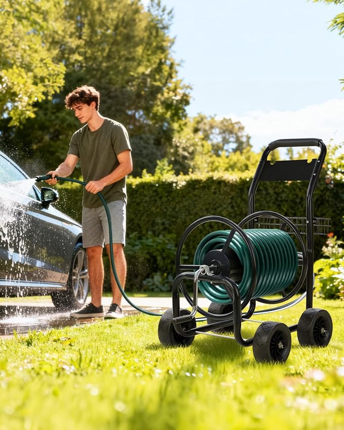 Outvita Garden Hose Reel Cart, Heavy Duty Water Hose Cart for Outside, Lawn Watering, for Garden, Yard, Lawn, Farm, Hold Up to 300 ft of 5/8’’ Hose, 4 PU Wheels, Storage Basket (Green)