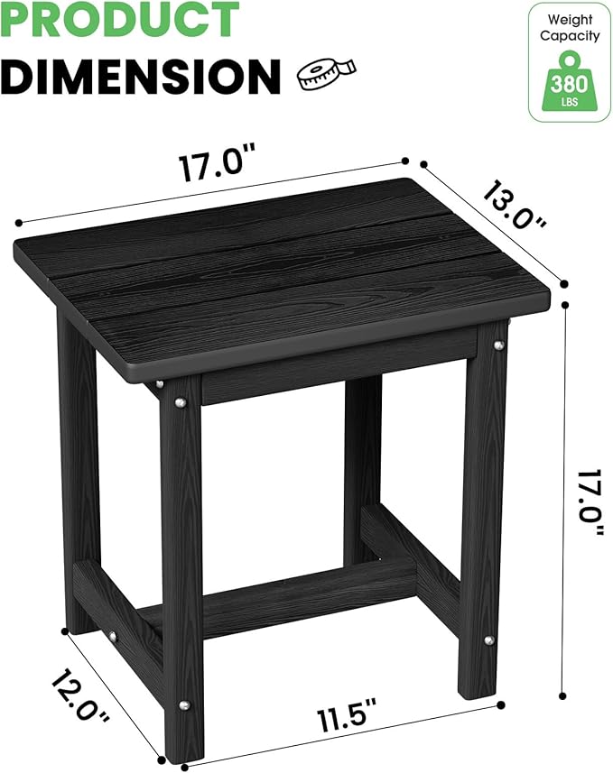 Outdoor Side Table – 17" HDPE Adirondack Side Tables,Sturdy Small Outdoor Porch Tables, Weather-Resistant & Easy Assembly Patio End Table for Garden, Balcony, Porch & Poolside (Black)