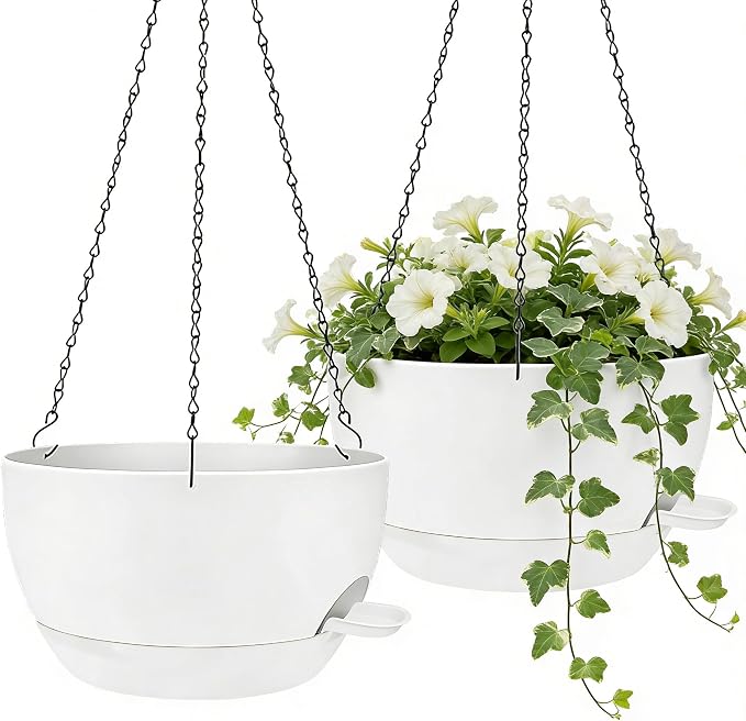 12" Self Watering Hanging Planters with Chains, White, 2 Pack | 43 Oz removable self-watering reservoir, for indoor/outdoor plants, patio & garden