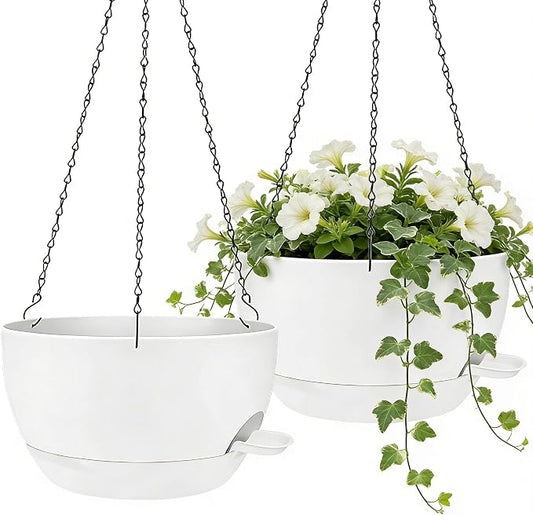 12" Self Watering Hanging Planters with Chains, White, 2 Pack | 43 Oz removable self-watering reservoir, for indoor/outdoor plants, patio & garden
