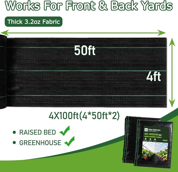 Garden Weed Barrier Landscape Fabric,4FTx100FT Weed Block Fabric Heavy Duty 3.2OZ,Woven Mulch for Landscaping Ground Cover Weed Control Fabric, Black Garden Bed Liner