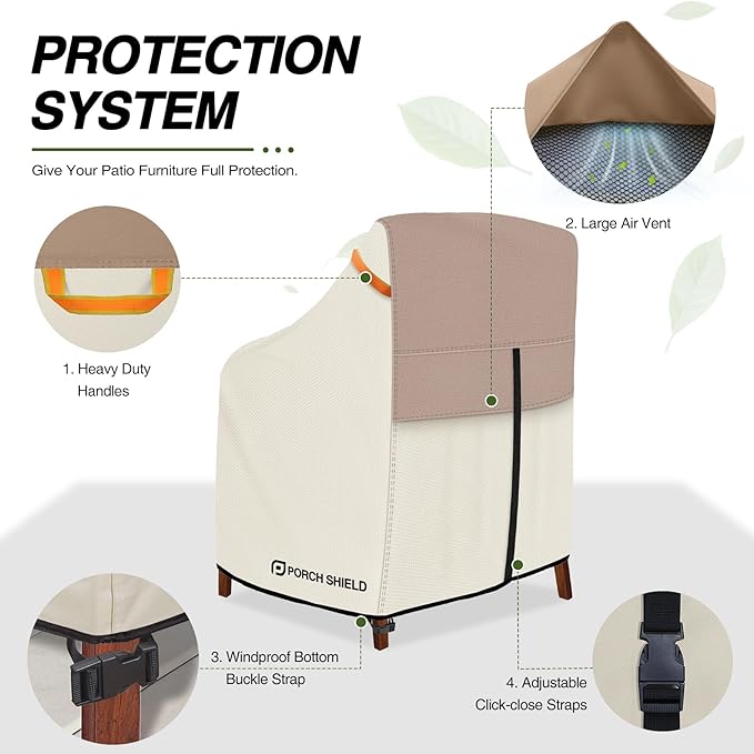 Porch Shield Patio Stackable Chair Covers - Waterproof Outdoor Stack of Chair Cover 2 Pack - 27W x 33D x 46H inch, Light Tan & Khaki