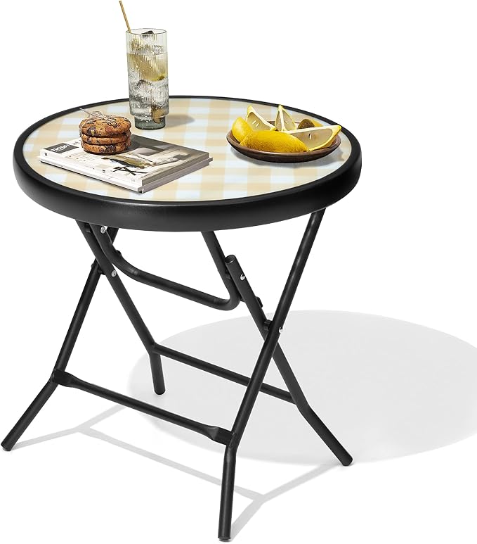 Foldable Patio Side Tables, 17.7" Small End Table Outdoor Weatherproof, Round Glass Top Outside Folding Table for Poolside, Balcony, Yard, Porch（Yellow）