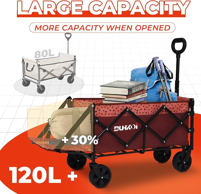 Compact Foldable Tailgate Wagon Cart with Wheels, 12 lb Lightweight Small Folding Utility Wagon for Garden, Grocery, Beach, Camping - Portable Cart (Red)