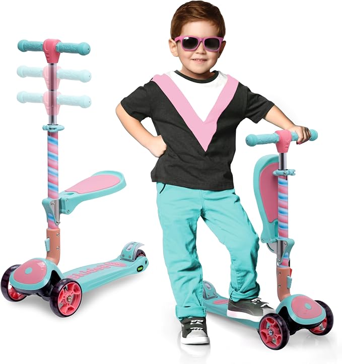 SKIDEE Kick Scooter for Kids Ages 3-5 | Foldable 3 Wheel Scooter with Lean-to-Steer, Adjustable Height, Removable Seat & LED Light Wheels | Toddler Scooter Up to 12 Year Old Boys/Girls