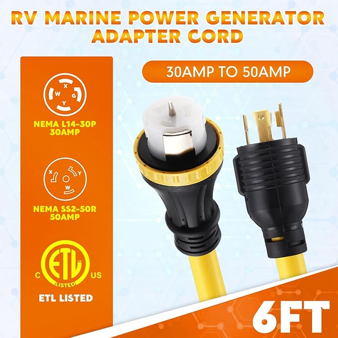 Tellegloww 6FT NEMA L14-30P to SS2-50R RV Marine Power Generator Adapter Cord, 30A 4 Prong Locking Generator L14-30P Male to 50A Marine Shore Power SS2-50R Female with Locking Ring 125V/250V