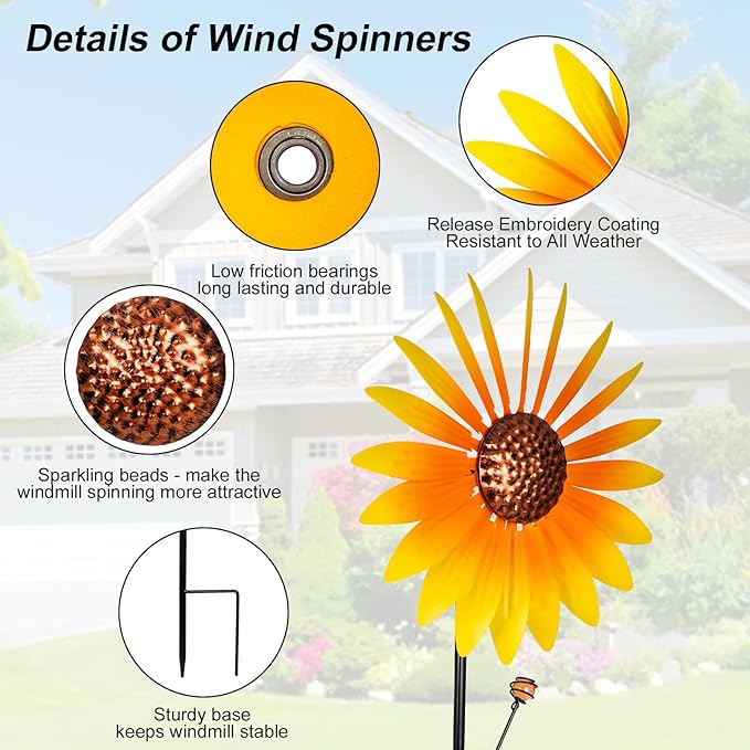 2 Packs Wind Spinners Outdoor, Sunflower Decor Windmill for Yard, Pinwheels, Wind Spinners for Yard Garden, Outdoor Metal Wind Spinner Lawn Decor