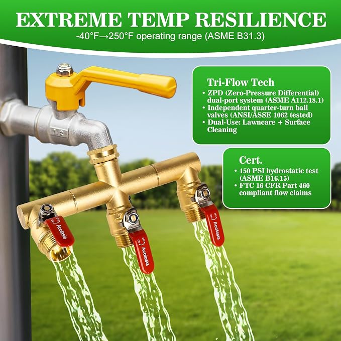 Hose Splitter 3 Way Heavy Duty Brass Garden Hose Splitter with 360° Rotatable, 304 Stainless Steel Long Handle Outdoor Full Flow Hose Splitter Connector, 3/4" GHT Thread