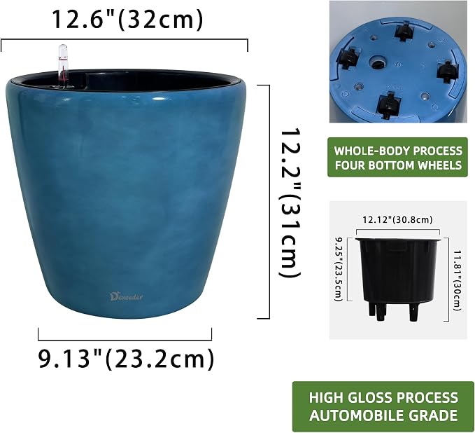 Dexceder 13x12 Self Watering Planter with Wheels (Peacock Blue Gradient) | Inner Pot Design, Thickened Large Floor Standing Flower Plant Pot with Water Level Indicator Indoor Outdoor