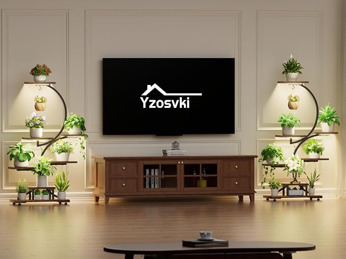 Yzosvki Plant Stand Indoor with Grow Lights, 7 Tiered Large Plant Shelf Flower Stand, Tall Plant Shelves, Rustic Brown and Black