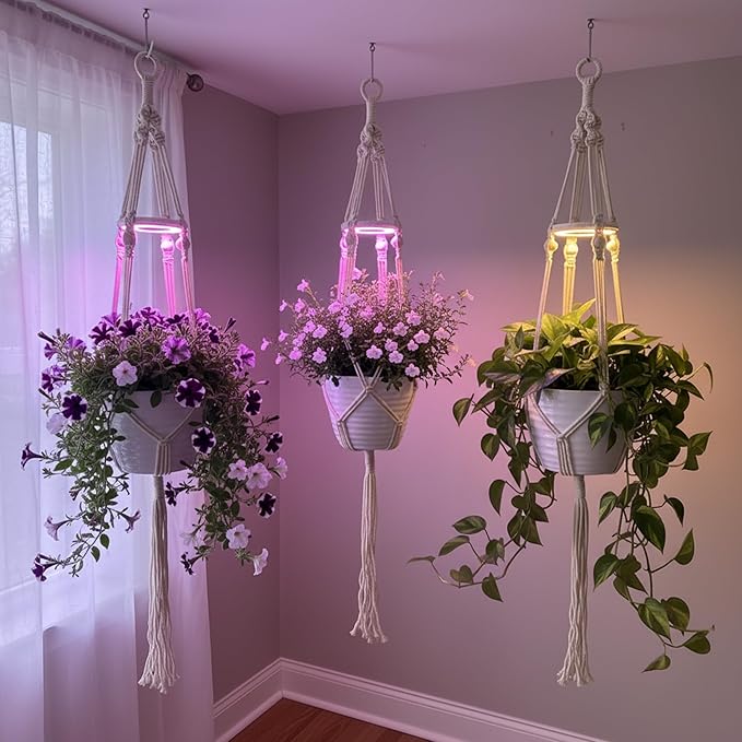 Hanging Plant Grow Lights for Indoor Plants with Timer, Wall Mounted Full Spectrum Pendant Growing Light with Macrame Plant Hanger, Ceiling LED Planta Luz for Potted Plants Home Decor(2 Pack)
