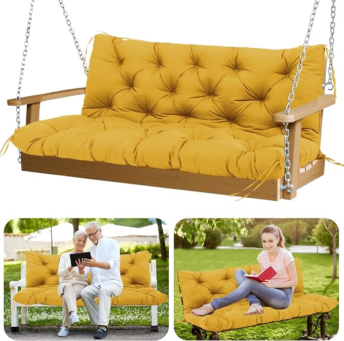 Porch Swing Cushions Outdoor 60x40 inch Waterproof Thicken 5" Outdoor Swing Replacement Cushions with Backrest and Ties Patio Swing Cushion for Outdoor Furniture Backyard Bench Garden(Yellow)