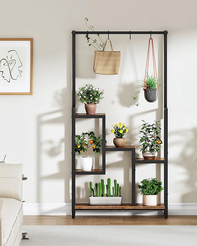 CHOEZON Plant Stand Indoor, 63" Tall Wooden Plant Shelf with Hanging Hooks and Staggered Tiers, Freestanding Flower Rack for Living Room, Balcony, Corner, Rustic Brown and Black TCJ41BF
