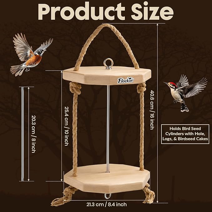 Cylinder Bird Feeders for Outdoors - Weather Resistant Wood Cylinder Feeder with a Bird Safe Protective Clear Finish - Holds Bird Seed Cylinders with Hole, Logs, & Birdseed Cakes