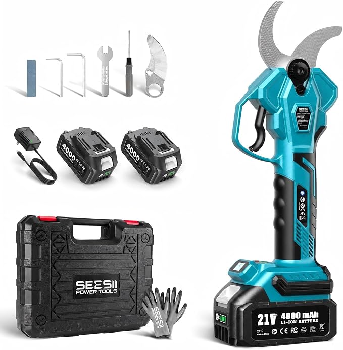 SEESII Electric Pruning Shears 1.8'' Cut, 20V Cordless Pruning Shears with Dual 4.0Ah Batteries, Brushless Motor, SK5 Blade, LCD Display, 4 Opening Modes for Tree Branch Trimming