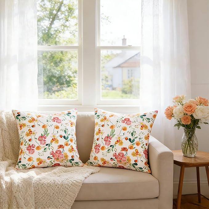 SquarePie Outdoor Pillow Covers 18x18 Inch Set of 2 - Waterproof Rose Square Cushion Covers for Patio Garden Furniture, Watercolor Florals Throw Pillow Cases for Couch Sofa Balcony Bench