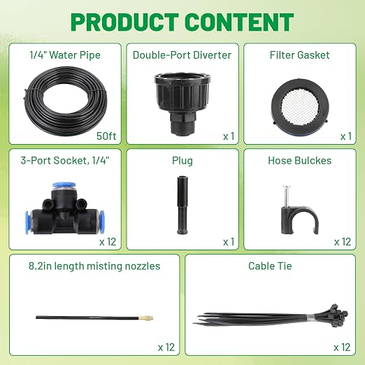 360° Adjustable Micro Drip Irrigation System, 12 Brass Sprinkler Heads & Bendable Stems, Automatic Watering Kit with 1/4" Tubing for Raised Bed, Lawn, Vegetable & Outdoor Plants (200ft)