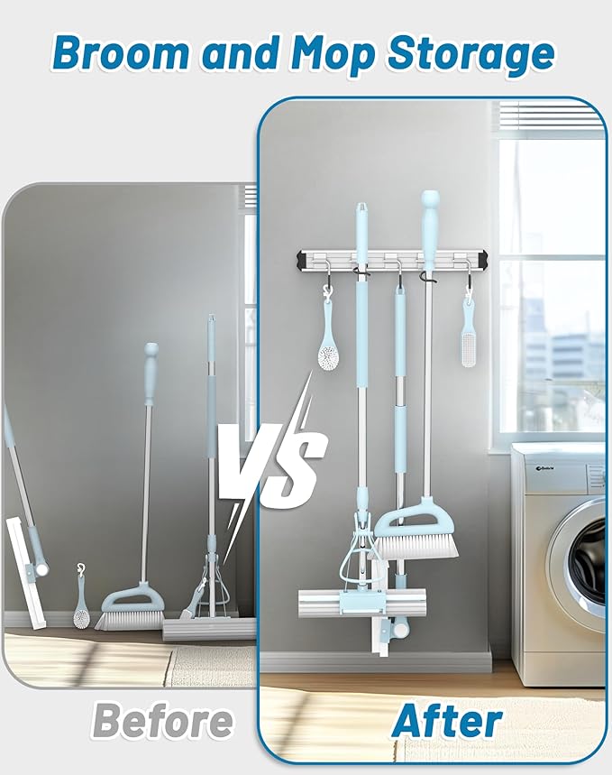 Mop and Broom Holder Wall Mount Garden Tool Rack Organizer, Modern Style,Movable Aluminum Alloy Wall Mounted Hook 4 Pack,Storage Gift for Bathroom,Closet,Laundry Room,Garage,Tool Room(Black)