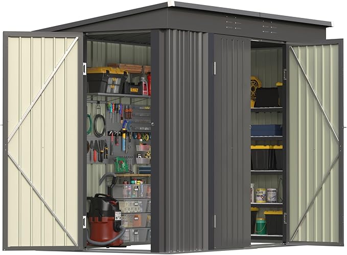 Patiowell 8x4 FT Outdoor Storage Shed, Heavy Duty Tool Metal Sheds with 3 Lockable Doors and Updated Frame Structure for Garden, Backyard, Patio, and Utility Storage, Black