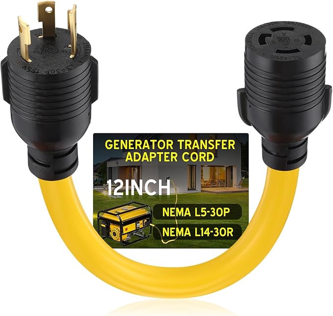 Tellegloww NEMA L5-30P to L14-30R 30amp Generator Adapter Cord, 3prong to 4prong Locking Generator Transfer Switch for House Inlet Box Adapter STW 10 AWG, ETL Listed