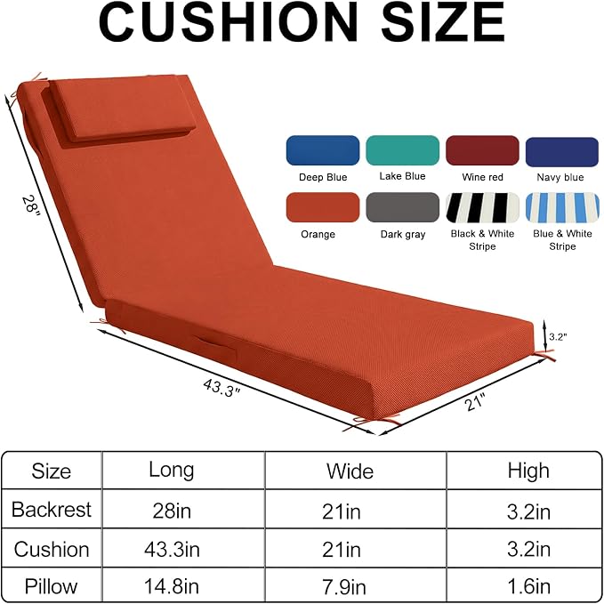 Outdoor Chaise Lounge Cushions, 72x21 Inch Olefin Water & Fade Resistant Pool Lounge Chair Cushions, Patio Sun Lounger Pad with Pillow & Straps for Patio, Pool, Deck, Lawn, Orange