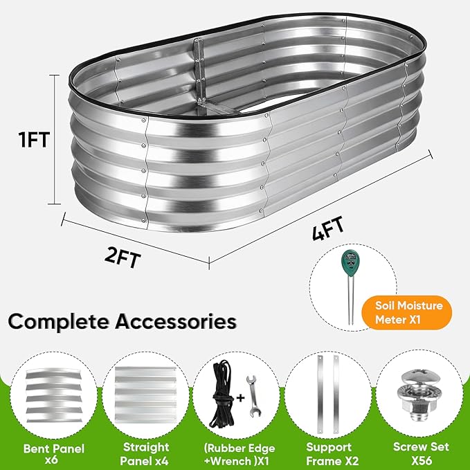 Galvanized Raised Garden Bed 2 Pack 4x2x1ft, Rust-Resistant Metal Oval Planter Box Outdoor, Easy Assembly Planting Bed Kit for Vegetables, Fruits, Herbs - Silver