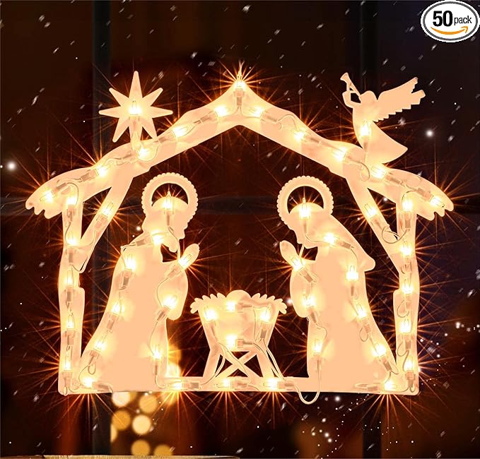 Christmas Window Silhouette Lights, Lighted Nativity Double Sided Decorations with 50 Count Incandescent Mini Light for Holiday Indoor Wall Door Glass Decor