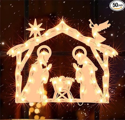 Christmas Window Silhouette Lights, Lighted Nativity Double Sided Decorations with 50 Count Incandescent Mini Light for Holiday Indoor Wall Door Glass Decor