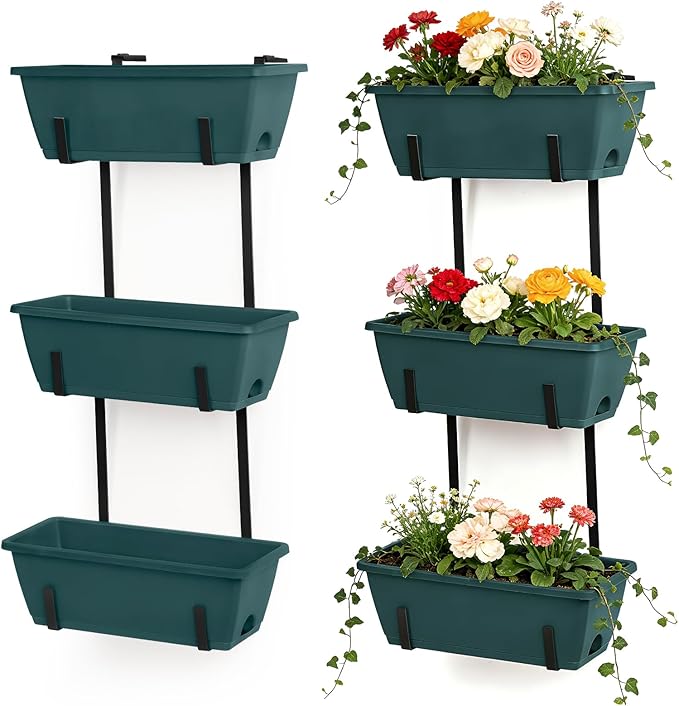 Window Boxes Planters with Adjustable Brackets Set of 2 Outdoor Fence Planters, Over the Deck Railing Planter Box with 6 Pack Hanging Plastic Flower Pots, Drainage Holes for Balcony, Patio, Green