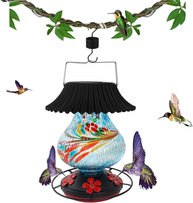 Solar Glass Hummingbird Feeder for Outdoors- 26 fl.oz Best Hummingbird Feeders with Ant Moat & Perch - 5 Feeding Ports - Wasp Leak Proof- Hand Blown Glass Color Changing Glowing in Dusk