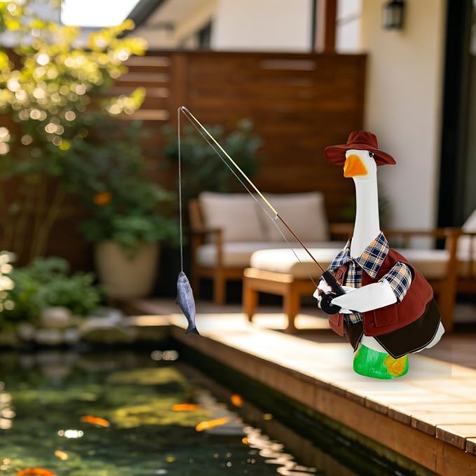 Fishing Porch Goose Outfits, Fisherman Costume for 23 Inch Plastic/Cement Goose, Goose Sculpture Clothes for Summer Yard Patio Party Decoration(Fishing Enthusiast 2)