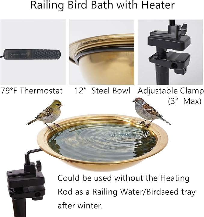 12" Heated Bird Bath 50W Heater Railing/Fence Mount Golden Metal Bird Water Feeder for Deck/Balcony/Porch
