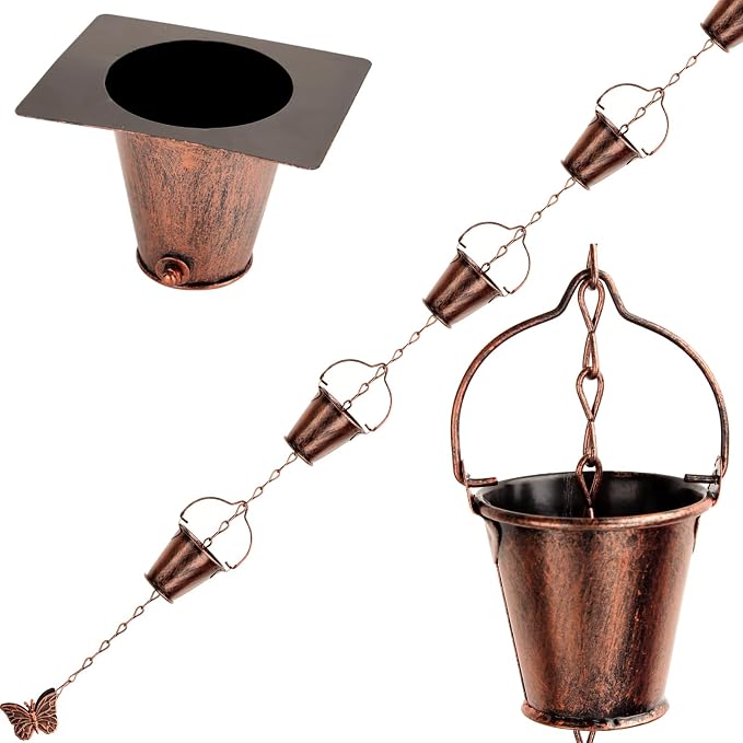8.5FT Wrought Iron Rain Chain, Rustic Brown Bucket Design, 16 Cups, Gutter Adapter & Decorative Butterfly, Outdoor Garden Decor