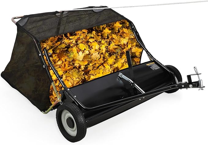 GAOMON Tow Behind Lawn Sweeper 42 Inch, Large Capacity Heavy Duty Leaf Collector with Adjustable Sweeping Height, Dumping Rope Design for Picking Up Debris and Grass, Black
