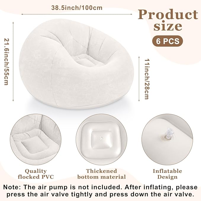Realspring Inflatable Bean Bag Chairs Outdoor Blow up Camping Chairs Inflatable Lazy Sofa Folding Portable Bean Bag Loungers Couch for Movie Night(Beige,6 Pcs)