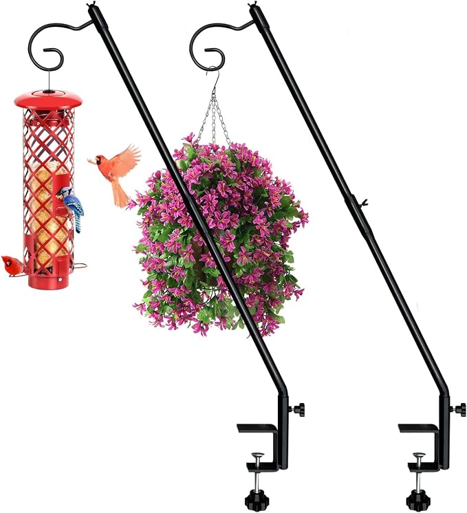Deck Bird Feeder Hanger for Railing, 31 Inch Clamp on Birdfeeder Poles, Adjustable Fence Deck Hook for Hanging Planter Flower Lantern 2 Packs