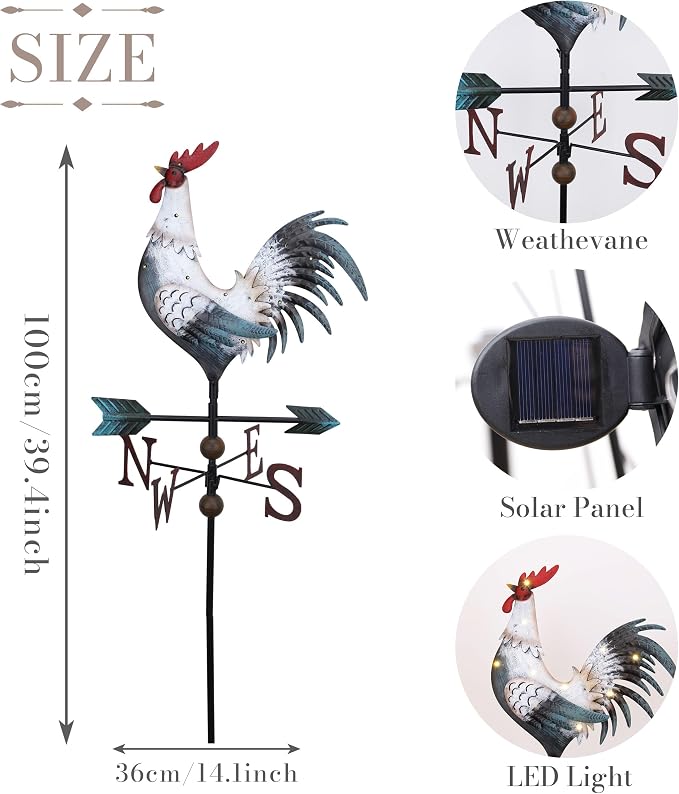 TERESA'S COLLECTIONS Garden Decor with Solar Outdoor Lights, White Rooster Yard Art Sign for Outside, 39.4'' Metal Weathervane Decorative Garden Stake for Outdoor Decor, Lawn, Gifts for Fathers Day