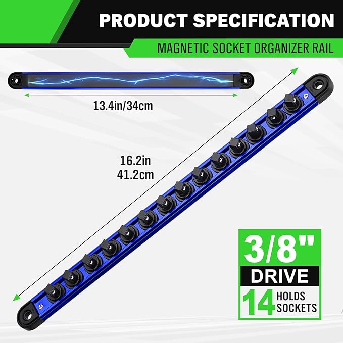 3/8-Inch Magnetic Socket Organizer Rail, Aluminum Alloy Socket Rail, Heavy Duty Sockets Holder with 14 Clips, 360° Swivel Clip Tool Tray, Sockets Organizer for Tool Box Drawer (Blue)